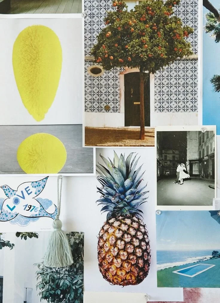Collage of various images including a yellow decorative cone, a yellow circle, a flowering orange tree, a black and white photo of a woman walking in a city street, a pineapple, a blue sky and ocean scene, and a white and blue love-themed design.