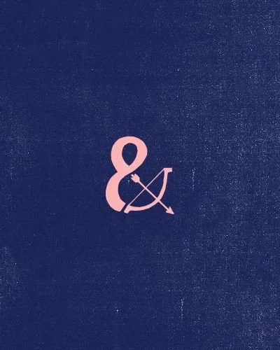 Pink ampersand symbol with a bow and arrow on a dark blue background.