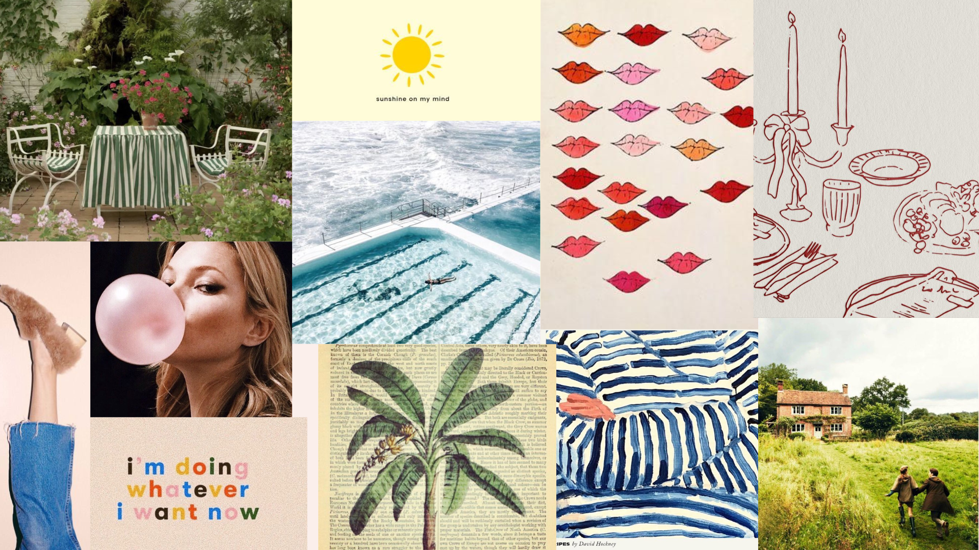 A collage of various images including an outdoor garden scene with a table and chairs, a drawing of lips in different shades, a woman blowing a bubble, a swimming pool with a person swimming, a illustration of a house surrounded by greenery, a vintage illustration of a dinner table, a woman with blonde hair, a botanical illustration of a plant, a colorful text saying "I'm doing whatever I want now," and a striped blue and white shirt.