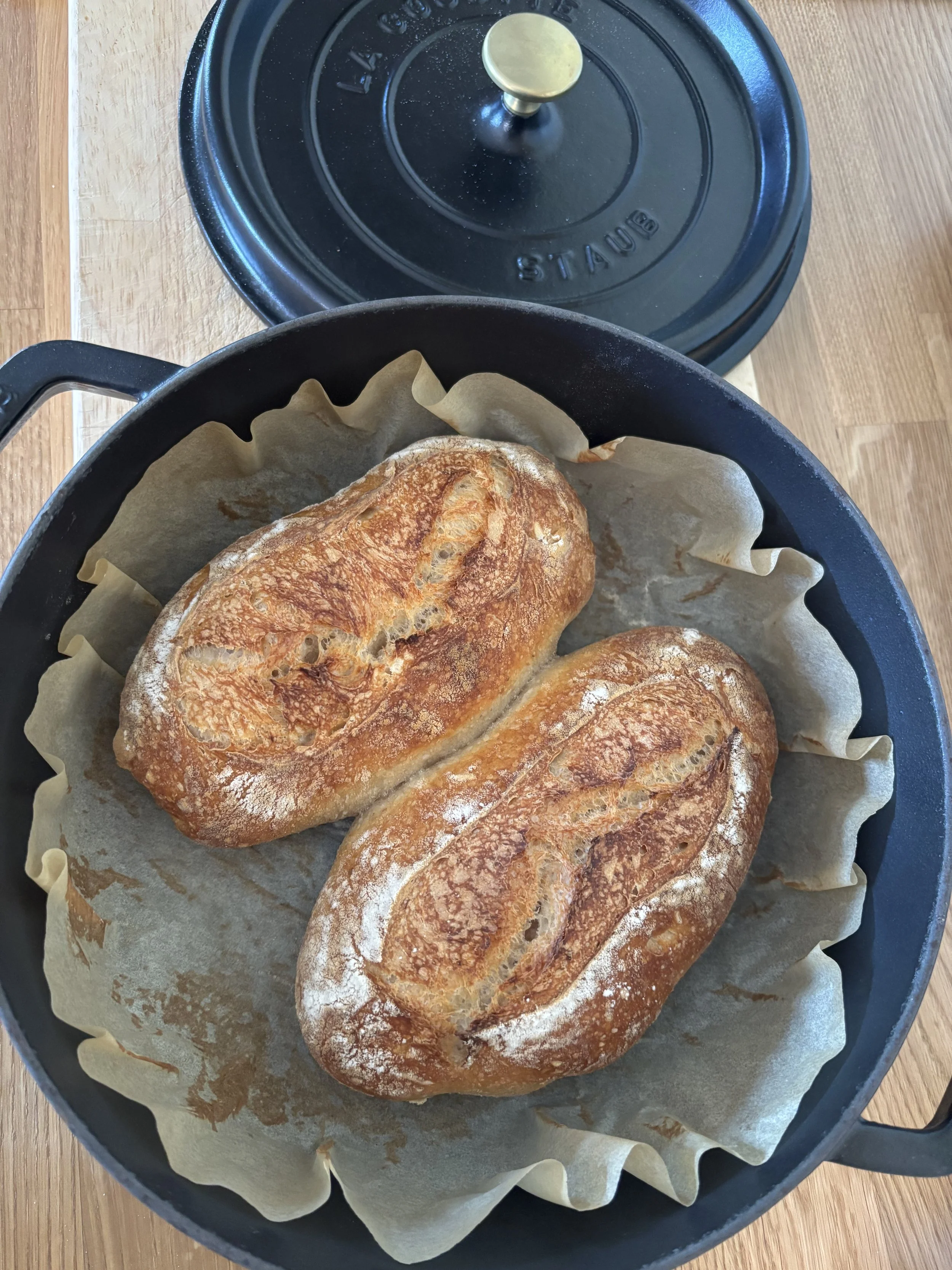 Two freshly baked loaves of bread in a round baking pan lined with parchment paper, with a black oven lid in the background.