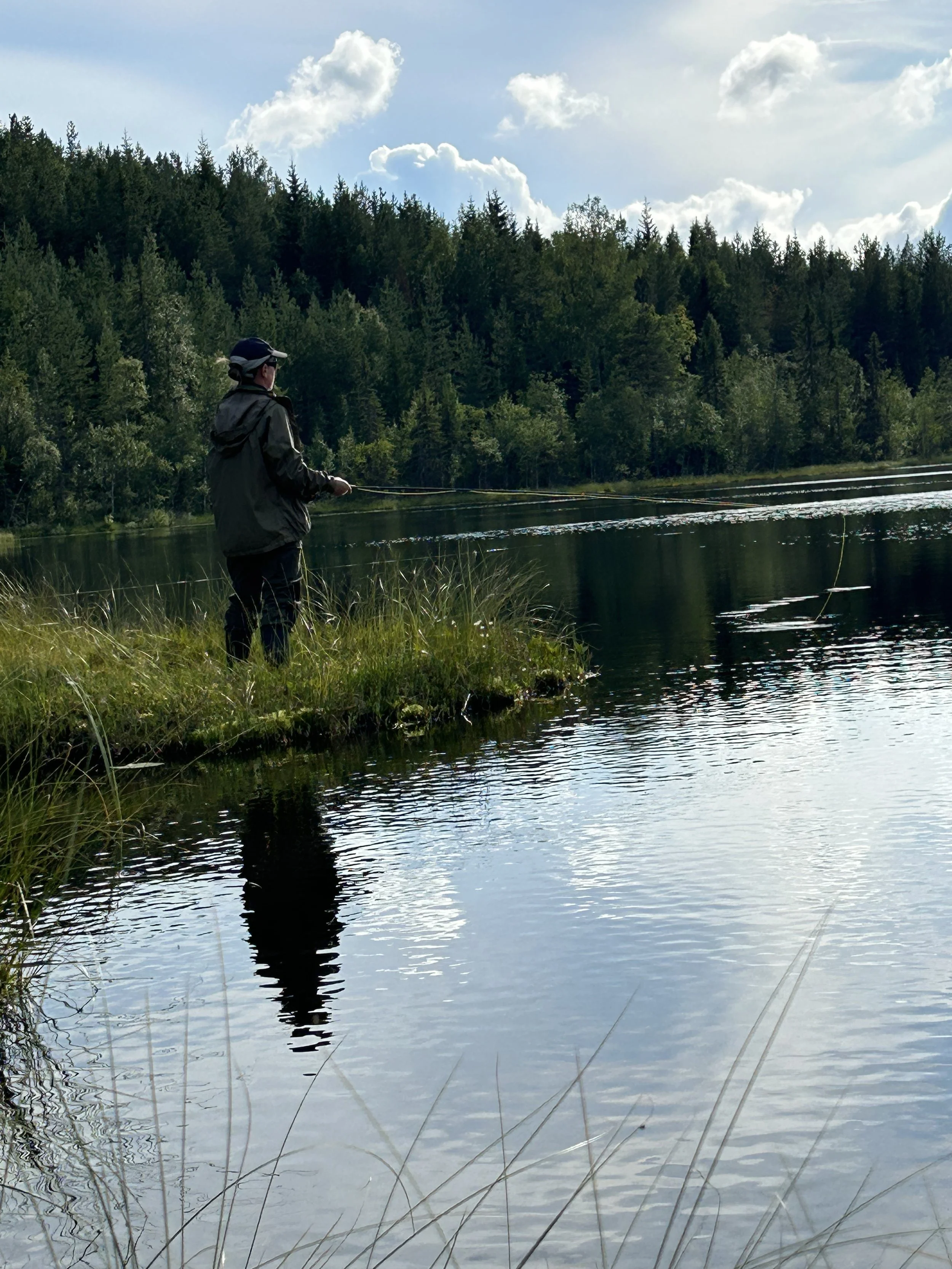 A person fishing by a lake with a forested background and partly cloudy sky.