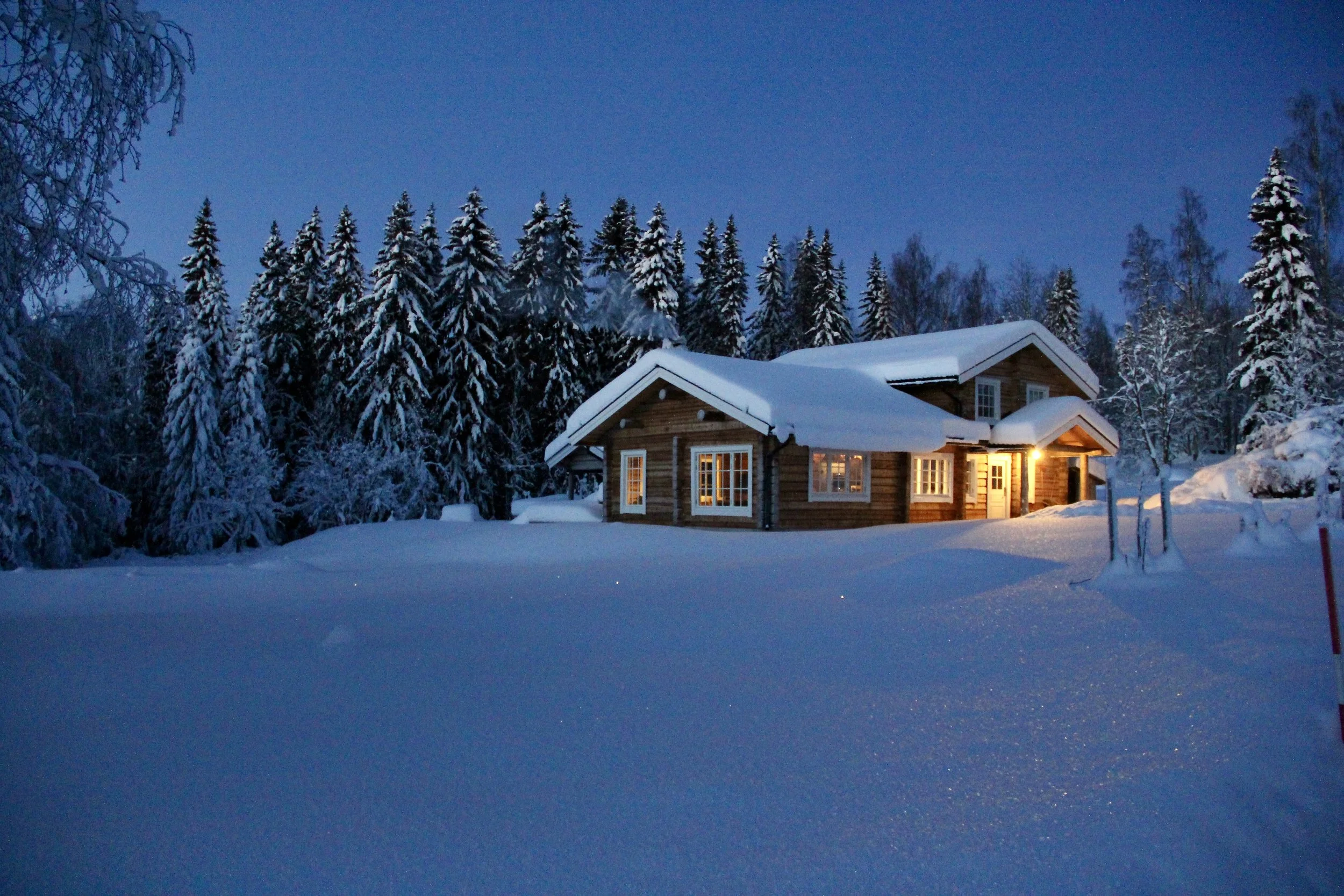 A cozy wooden house illuminated from within, surrounded by snow-covered ground and trees during twilight.