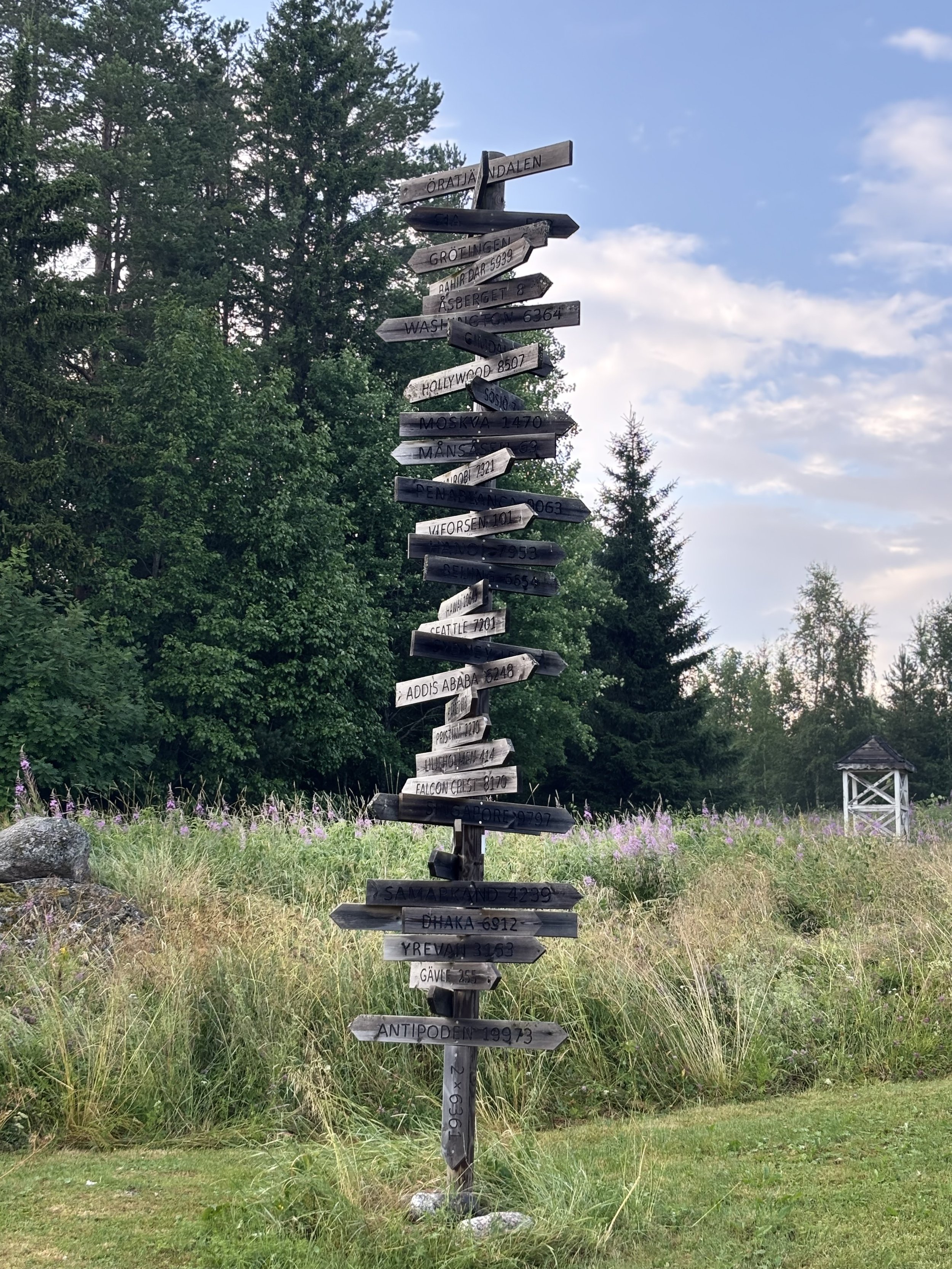 A tall wooden signpost with multiple directional arrows pointing in different directions, located outdoors in a grassy area with trees and a small white structure in the background.