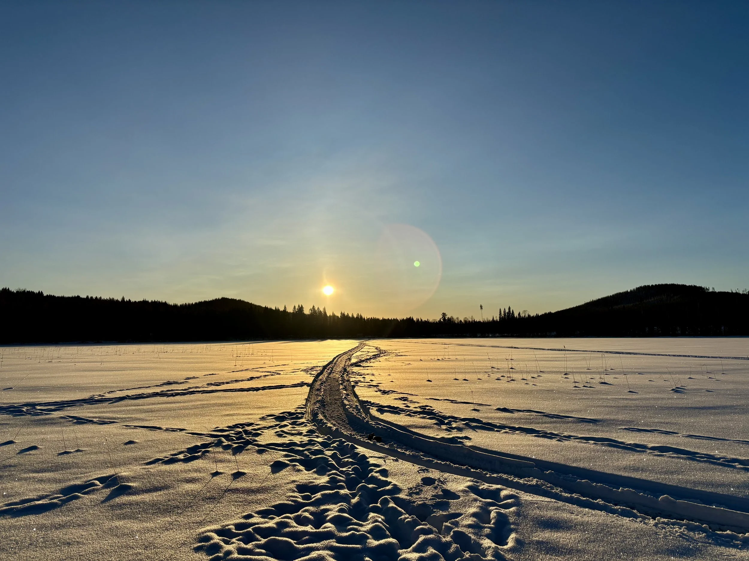 Snow-covered field with tire tracks and footprints, forested hills in the background, and the sun setting or rising in a clear sky.
