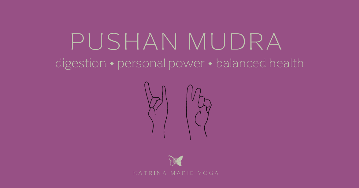 Orchid purple graphic with sage green text reading Pushan Mudra, digestion, personal power, balanced health, and a line drawing of Pushan Mudra hands.
