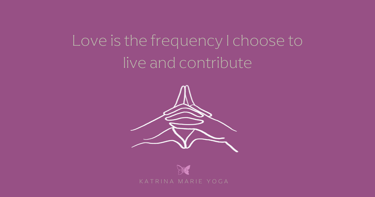 Uttarabodhi Mudra illustrated in white line art on a muted purple background, with the affirmation “Love is the frequency I choose to live and contribute” centered above the hands.