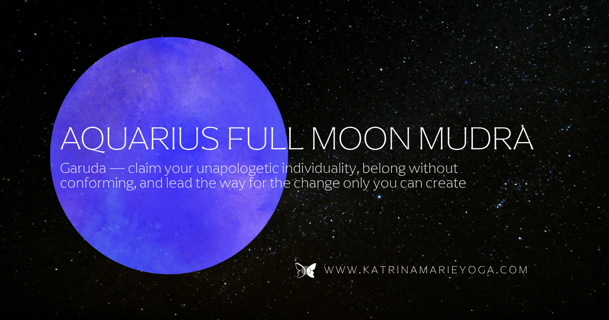 Aquarius Full Moon Mudra blog post title on a starry night sky background with a blue violet watercolor moon — Garuda, claim your unapologetic individuality, belong without conforming, and lead the way for the change only you can create