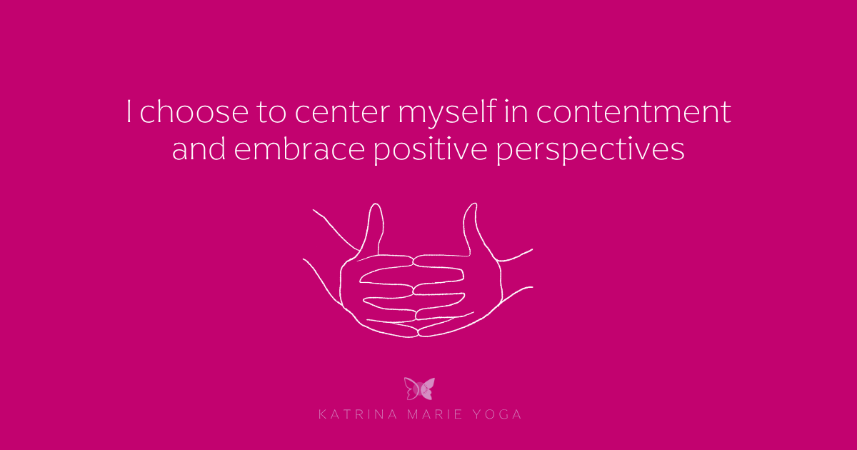 Magenta background, white Chaturmukham Mudra line drawing, contentment mantra in white text, KMY logo