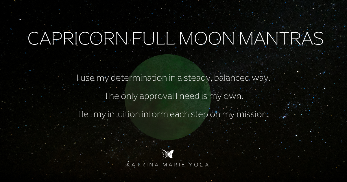Starry night sky background with a green watercolor full moon and the three-line Capricorn Full Moon mantra, with the Katrina Marie Yoga butterfly logo