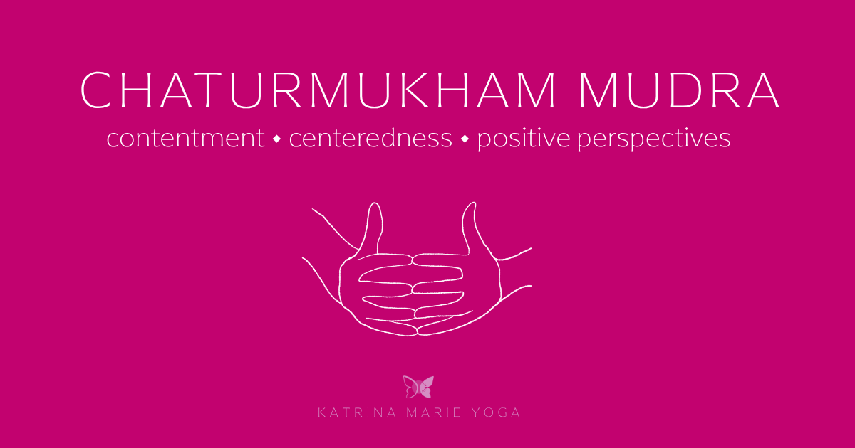 Magenta background, white Chaturmukham Mudra line drawing, contentment, centeredness, positive perspectives, KMY logo
