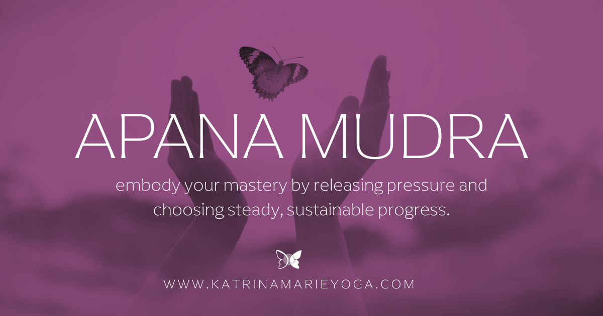 Apana Mudra with hands lifted beneath a butterfly, representing embodied mastery, release, and sustainable progress.