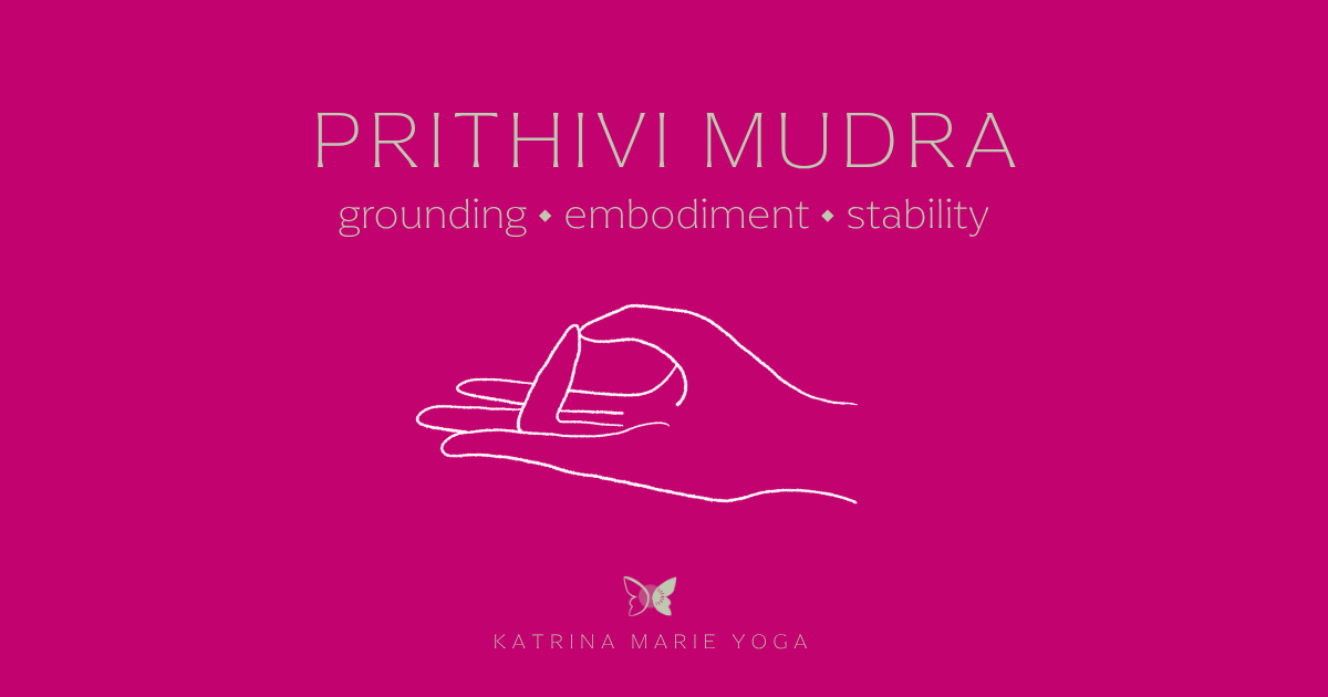 Line drawing of Prithivi Mudra on a magenta background, ring finger touching thumb with the palm open, keywords grounding, embodiment, and stability