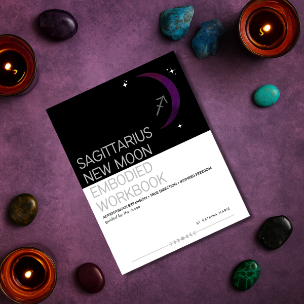 Sagittarius New Moon Embodied Workbook by Katrina Marie Yoga displayed as a square mockup, laid flat on a purple background with candles and stones, representing adventurous expansion, true direction, and inspired freedom.