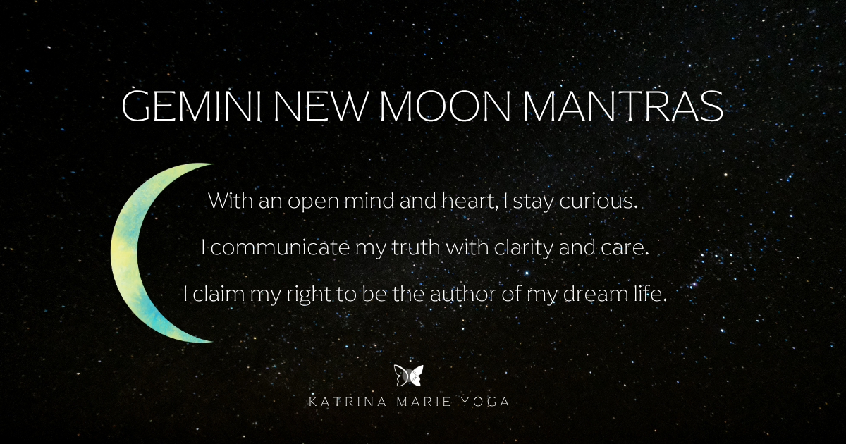 Starry night sky background with a teal and yellow watercolor crescent moon and white text reading "Gemini New Moon Mantras:
