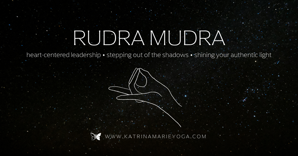 Starry night sky background with a gold watercolor crescent moon and text reading "Rudra Mudra — heart-centered leadership • stepping out of the shadows • shining your authentic light" — katrinamarieyoga.com