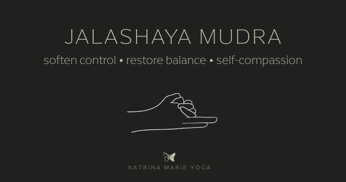 “Jalashaya Mudra hand gesture illustrated on a dark background with the words ‘soften control • restore balance • self-compassion,’ supporting Capricorn shadow work and nervous system regulation.”