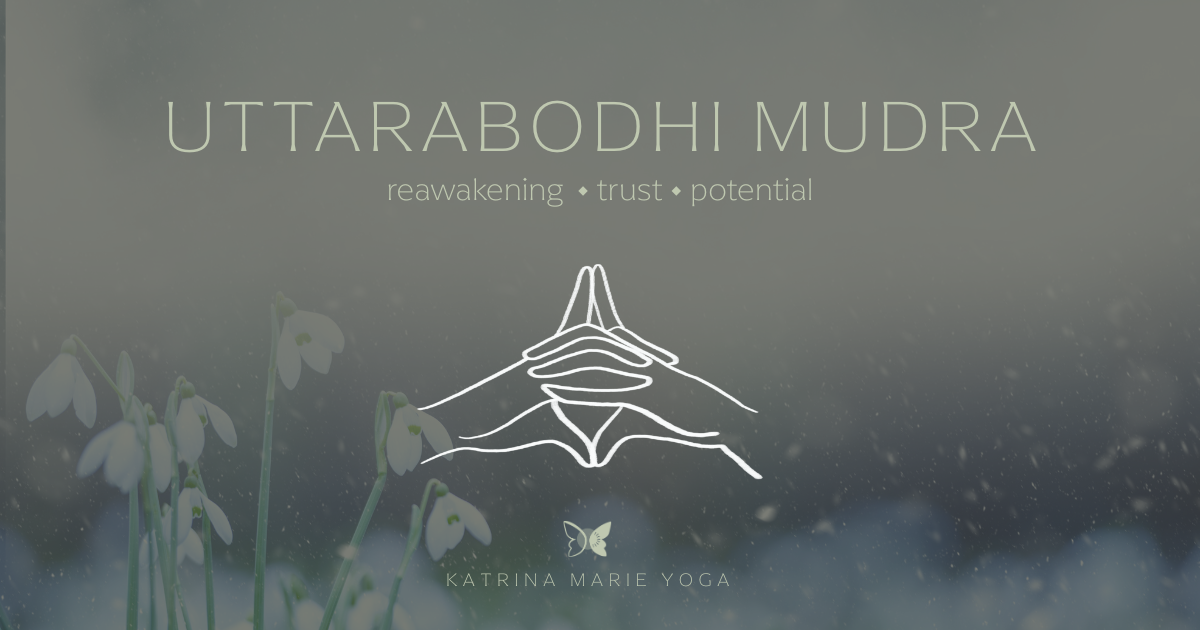 Uttarabodhi Mudra illustrated with hands interlaced and index fingers extended upward, set against a soft winter background with snowdrops emerging through snow. Text reads: “Uttarabodhi Mudra — reawakening • trust • potential.”
