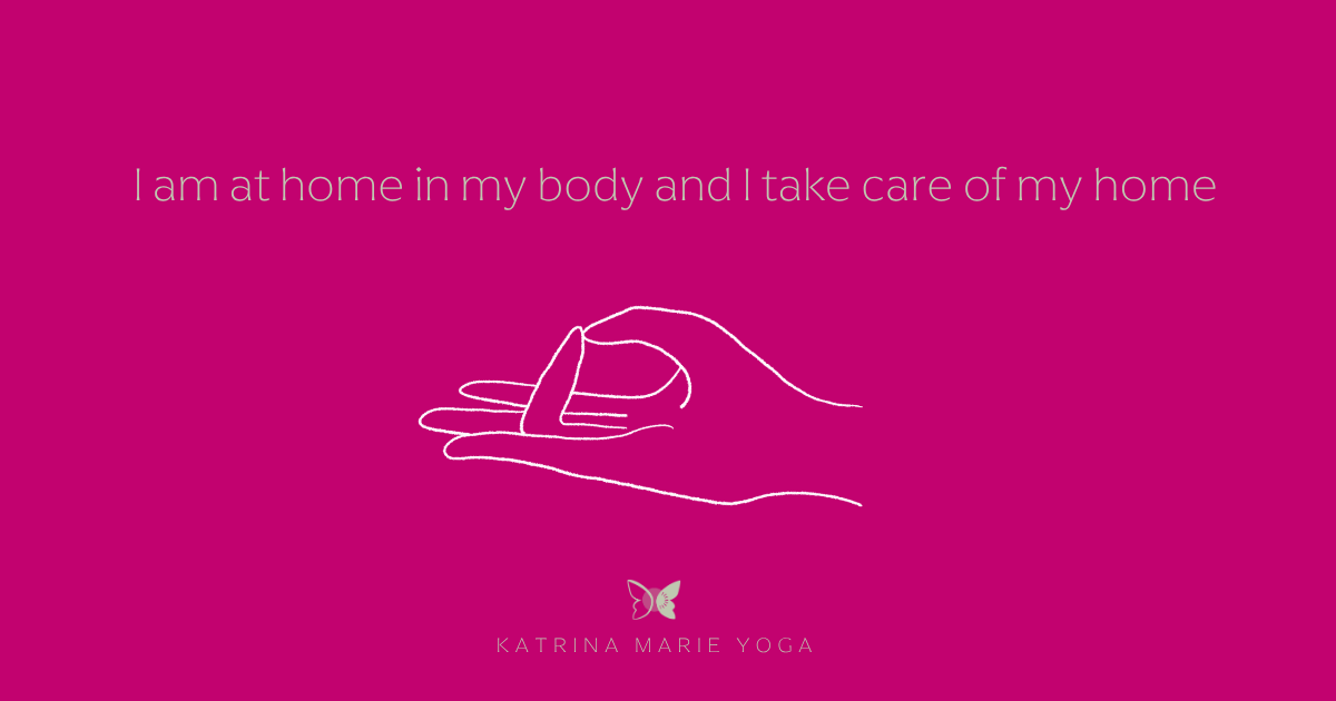 Line drawing of Prithivi Mudra on a magenta background with the mantra I am at home in my body and I take care of my home