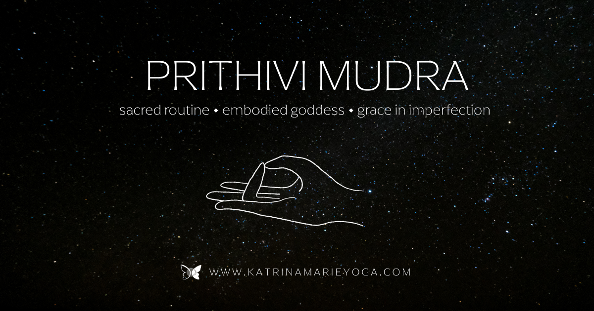Line drawing of Prithivi Mudra on a starry night sky, ring finger touching thumb with the palm open, with the keywords sacred routine, embodied goddess, and grace in imperfection