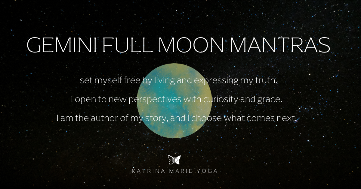 gemini full moon mantras over a full moon watercolor image atop a starry sky.