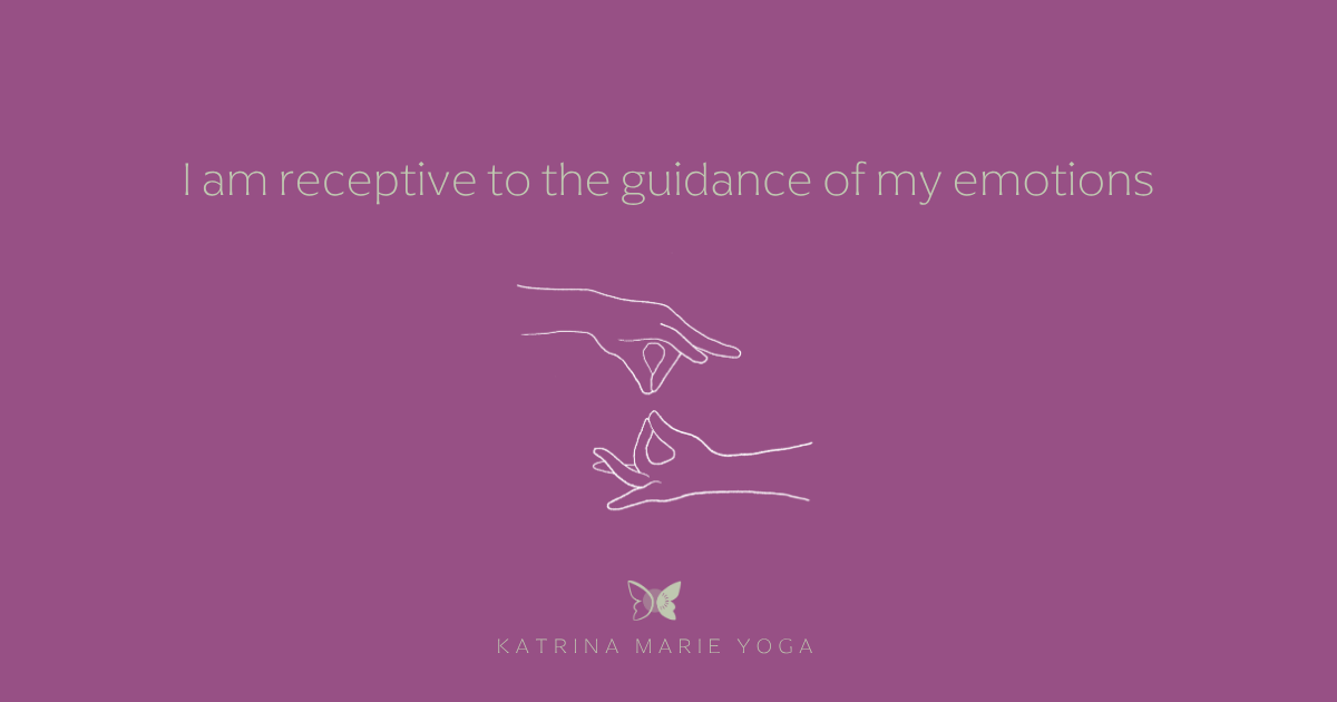 An orchid purple graphic with a white hand-drawn sketch of Ida Mudra, the sage green mantra "I am receptive to the guidance of my emotions," and the Katrina Marie Yoga butterfly logo at the bottom.