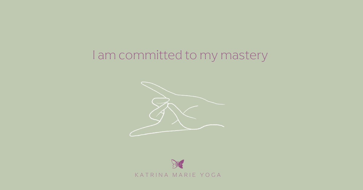 Apana Mudra line drawing with the mantra “I am committed to my mastery” on a soft sage green background.