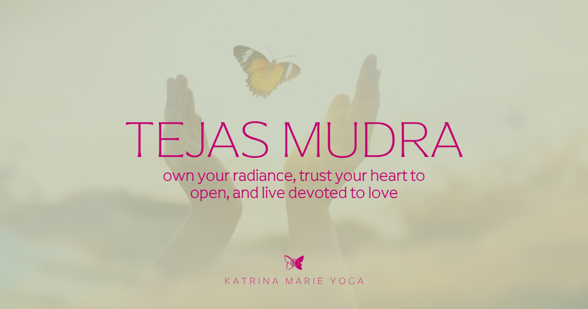 Photo of two hands releasing a butterfly against a soft warm sky, magenta text: Tejas Mudra — own your radiance, trust your heart to open, and live devoted to love, KMY logo