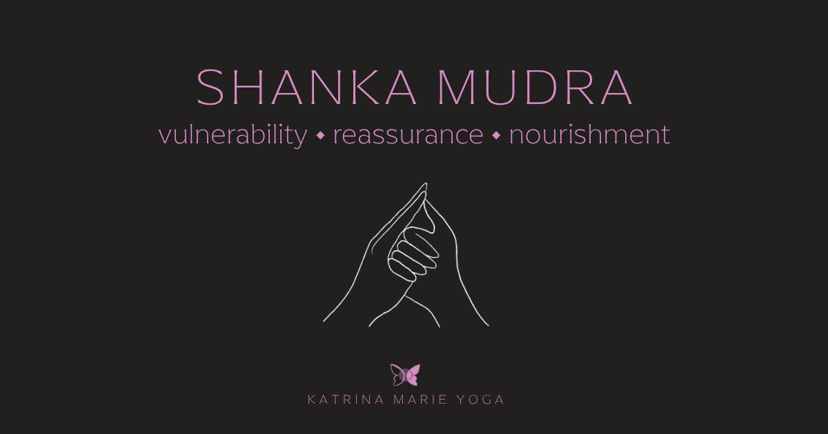 Dark background, purple text vulnerability, reassurance, nourishment, white hand drawn sketch of Shanka Mudra, KMY logo