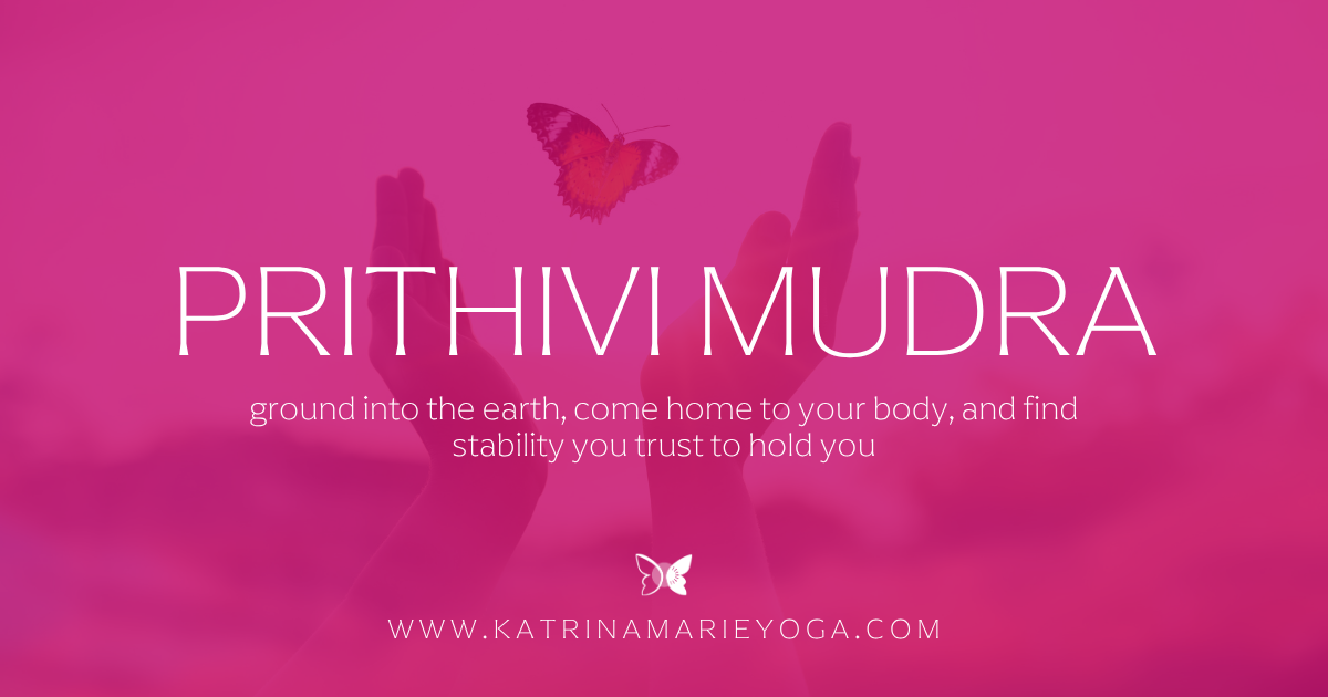 Two upraised hands with a butterfly on a magenta background, Prithivi Mudra, ground into the earth, come home to your body, and find stability you trust to hold you
