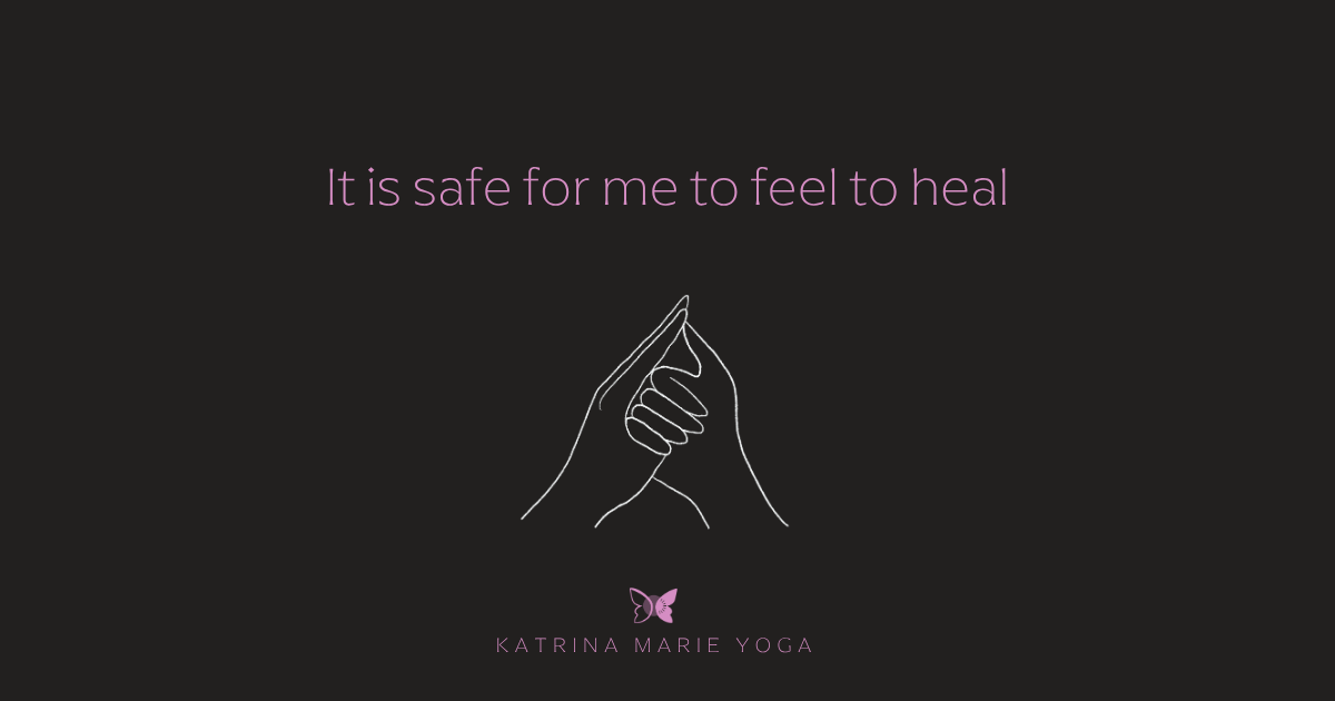 Dark background, purple text It is safe for me to feel to heal, white hand drawn sketch of Shanka Mudra, KMY logo