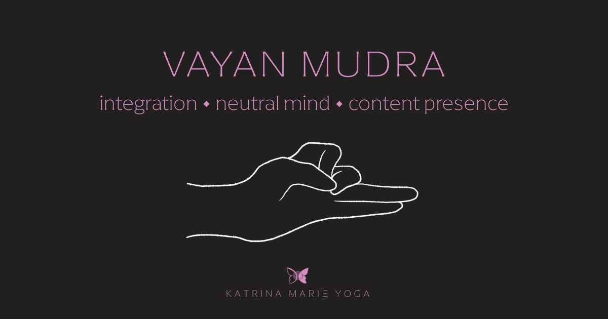 Vayan Mudra hand gesture illustration with the keywords integration, neutral mind, and content presence on a dark background.