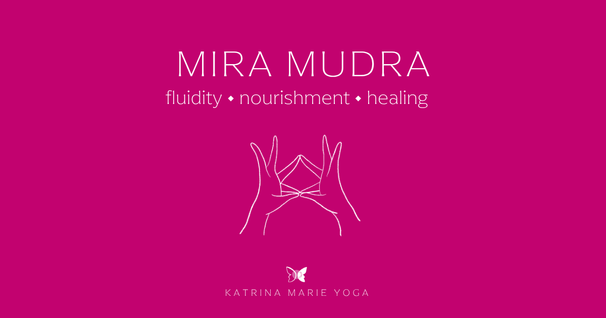 Mira Mudra keywords graphic, magenta background, white hand drawn sketch, keywords fluidity, nourishment, healing.