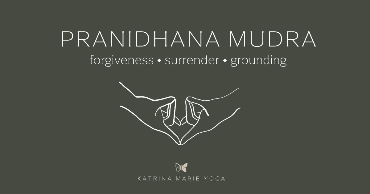 Pranidhana Mudra hand gesture with keywords forgiveness, surrender, and grounding on a muted green background, representing inner release and steady embodiment.