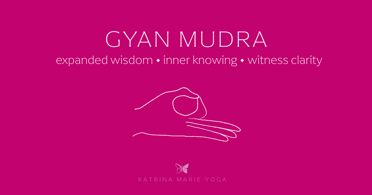 “Gyan Mudra keyword graphic with hand-drawn mudra line art and the words ‘expanded wisdom • inner knowing • witness clarity’ on a magenta background."