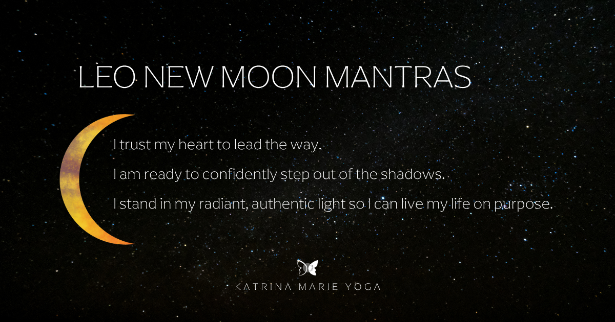 Starry night sky background with a gold watercolor crescent moon and the three-line Leo New Moon mantra for heart-led confidence and authentic light
