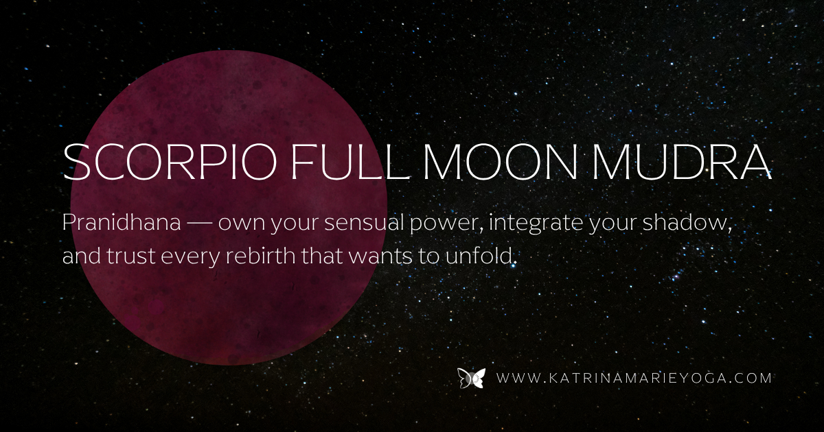 Scorpio Full Moon Mudra blog post title on a starry night sky background with a maroon watercolor moon — own your sensual power, integrate your shadow, and trust every rebirth that wants to unfold