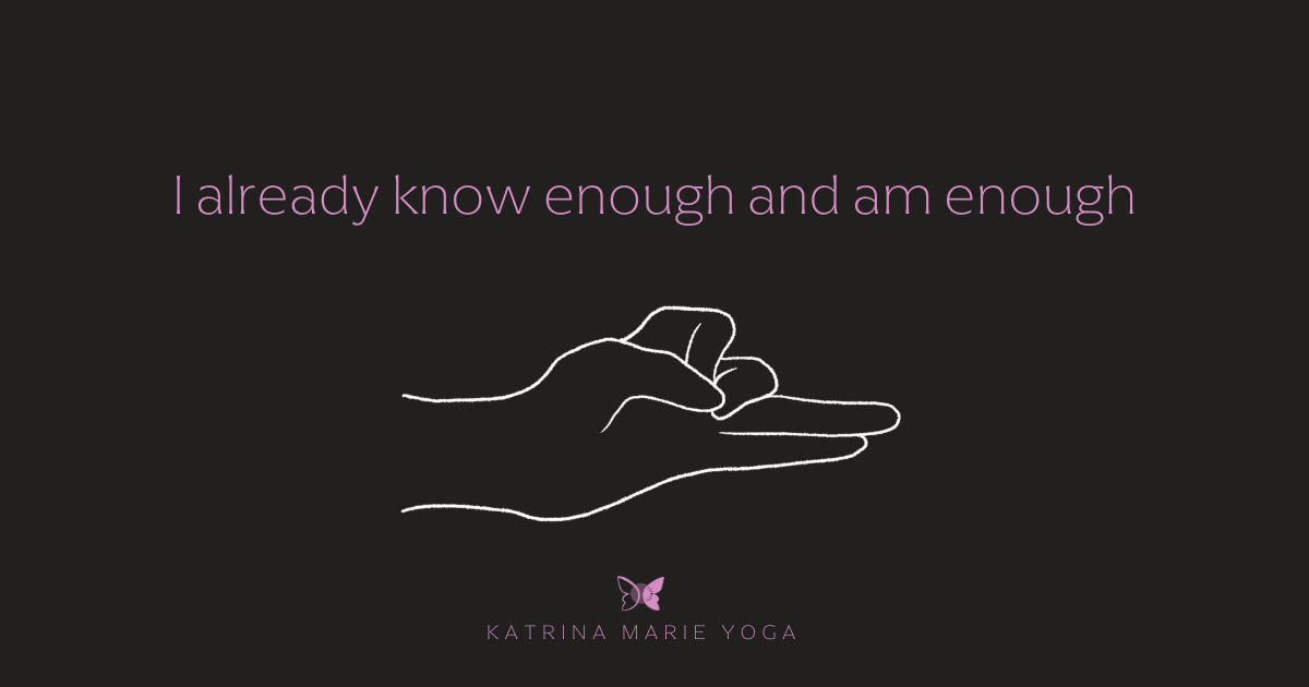 Vayan Mudra hand gesture illustration with the affirmation “I already know enough and am enough” on a dark background.