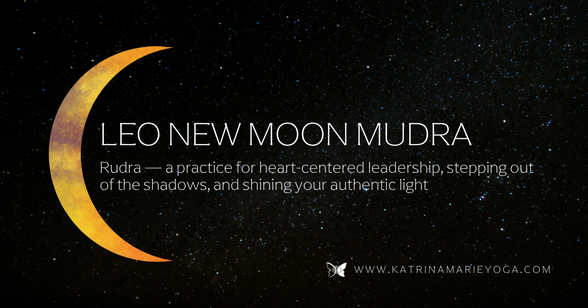 Leo New Moon Mudra blog post title on a starry night sky background with a gold watercolor crescent moon and Leo glyph — heart-centered leadership, stepping out of the shadows, shining your authentic light