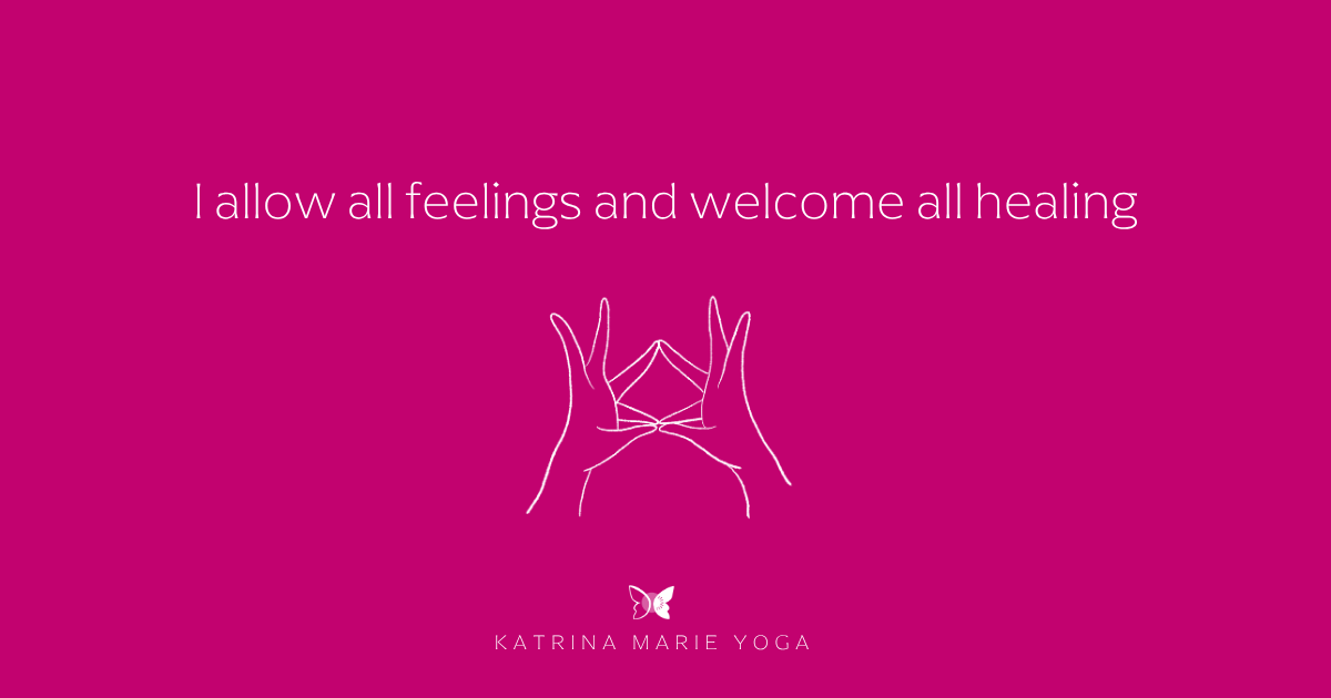 Mira Mudra mantra graphic, magenta background, white hand drawn sketch, mantra I allow all feelings and welcome all healing.