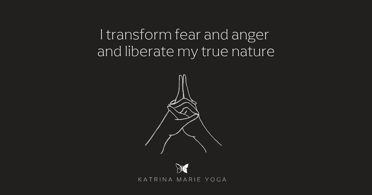 ![Mantra graphic for Matangi Mudra. Dark background with white hand drawn sketch of Matangi Mudra. White text reads: I transform fear and anger and liberate my true nature. KMY butterfly submark and Katrina Marie Yoga text appear at the bottom.]