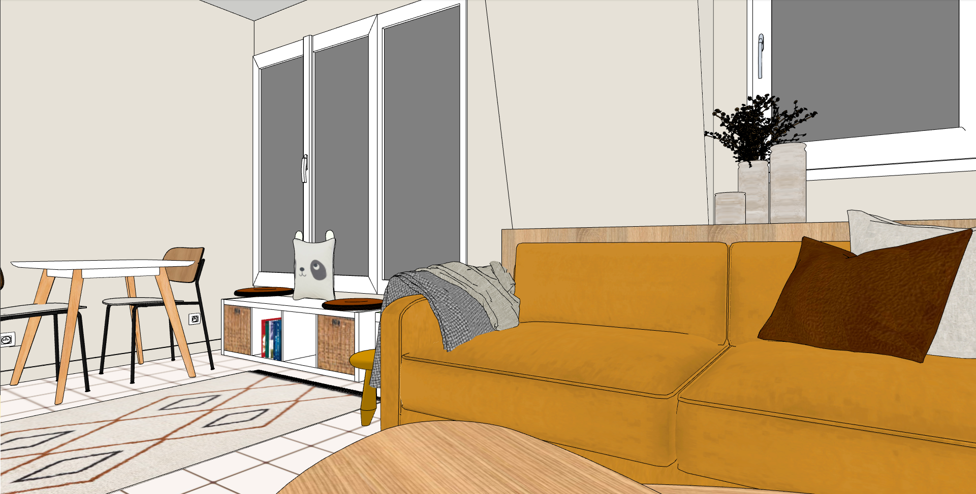 Salon moderne avec un canapé jaune, une table basse en bois, une table à manger avec deux chaises, une fenêtre avec vue sur l'extérieur, et des vases avec des plantes.