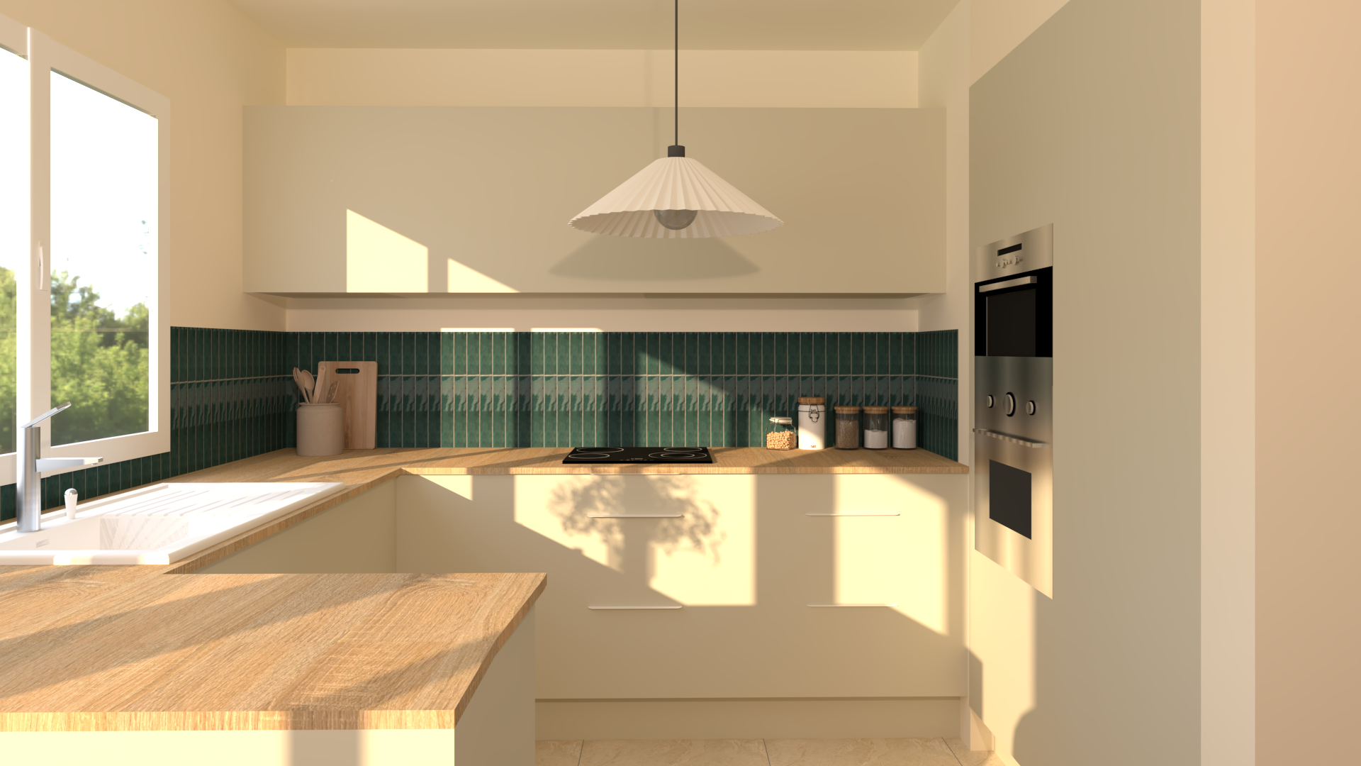 Cuisine moderne avec fenêtre, plans de travail en bois clair, backsplash en carreaux verts, appareils intégrés, et luminaires suspendus.