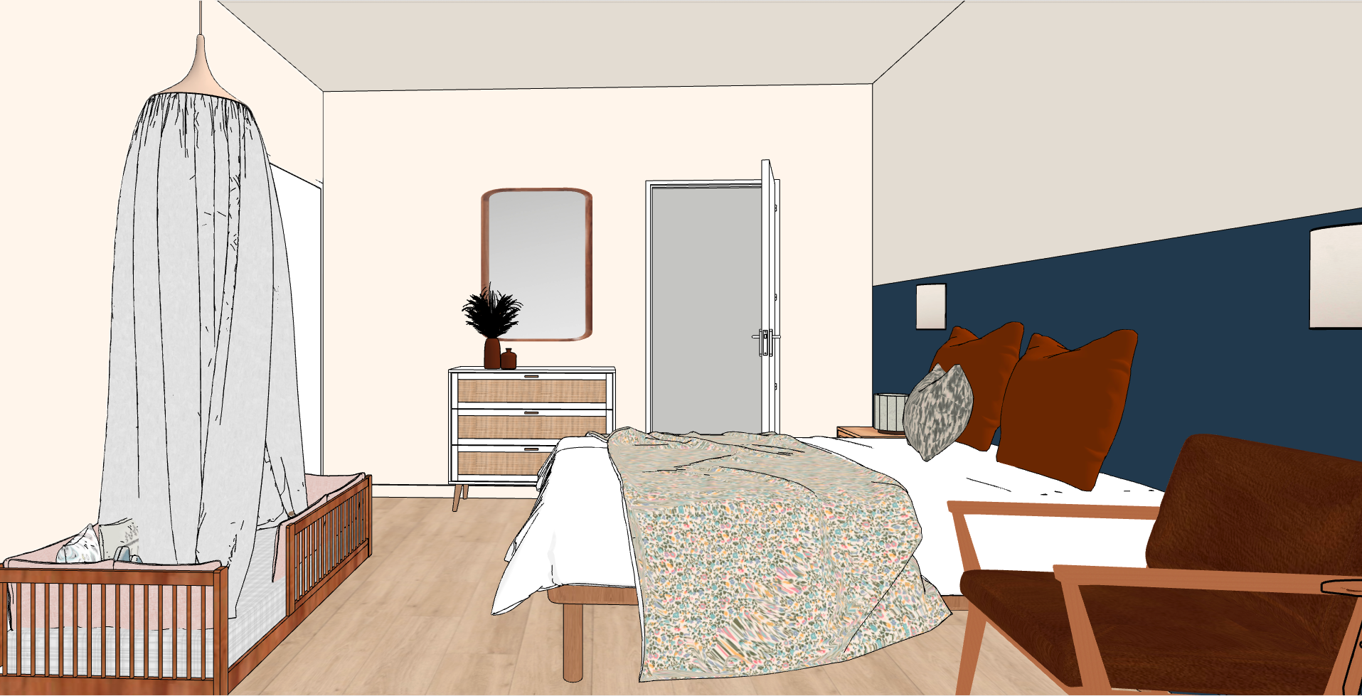 Une chambre avec un lit, un canapé marron, une commode avec un miroir, une table de nuit, un berceau, et une porte ouverte.