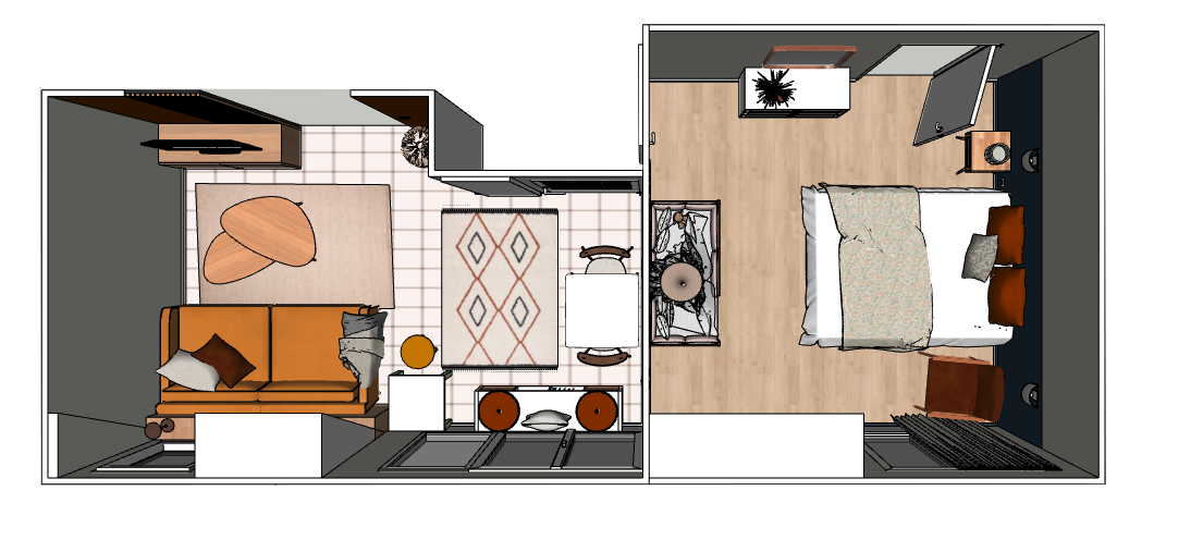 Plan d'un appartement avec un salon, une cuisine, une chambre et une salle de bains.