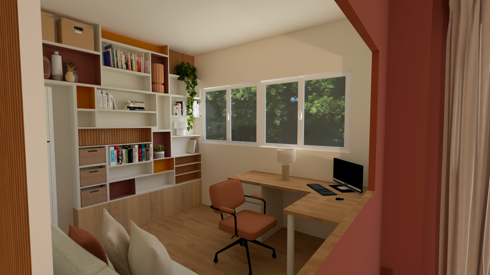 Bureau avec étagères blanches, bureau en bois, chaise marron, ordinateur, lampadaire, fenêtre avec vue sur arbres