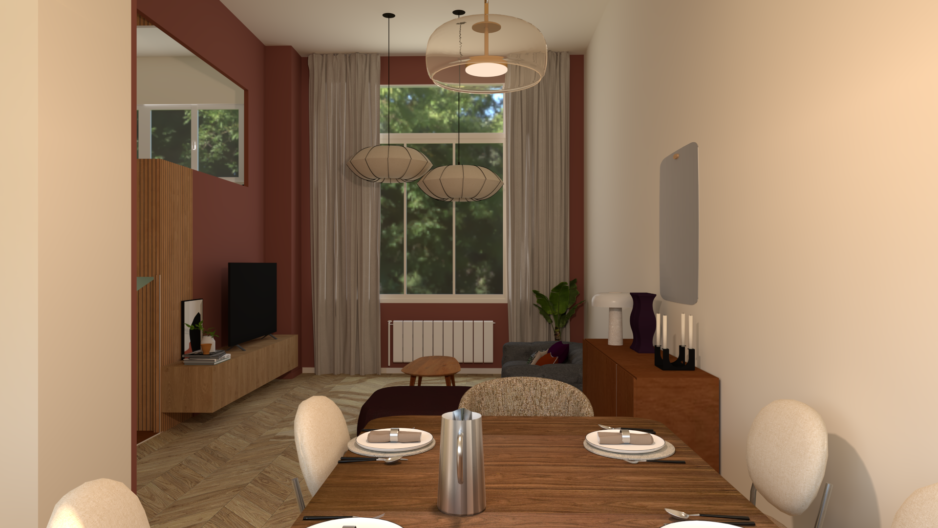 Salon et salle à manger avec grands fenêtres, décor moderne, plantes, luminaires suspendus, télévision, et mobilier en bois.