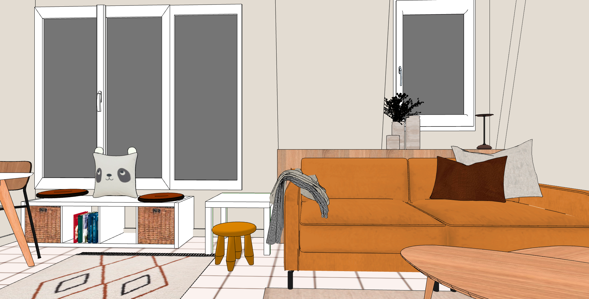 Salon avec canapé orange, fenêtres, table basse en bois, coussins, livres, lampadaire, et décoration avec plantes, dans une pièce moderne