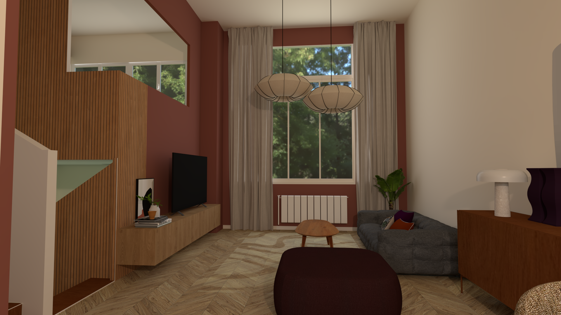 Intérieur d'un salon moderne avec grand fenêtre, canapé gris, table en bois, lampes suspendues, plantes vertes et mobilier en bois.