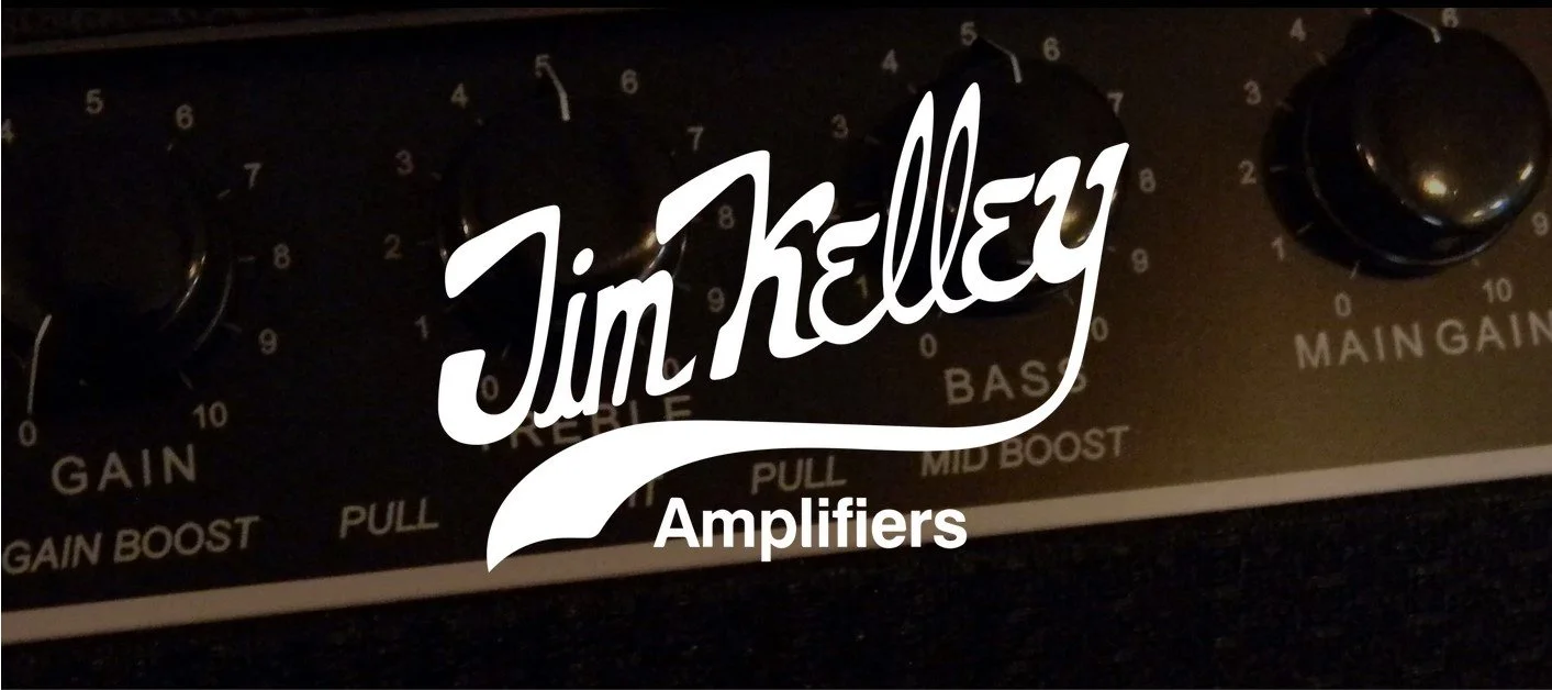 Close-up of a black Jim Kelley amplifier with knobs labeled Gain, Bass, and Mains. The words Jim Kelley and Amplifiers are overlaid in white text.