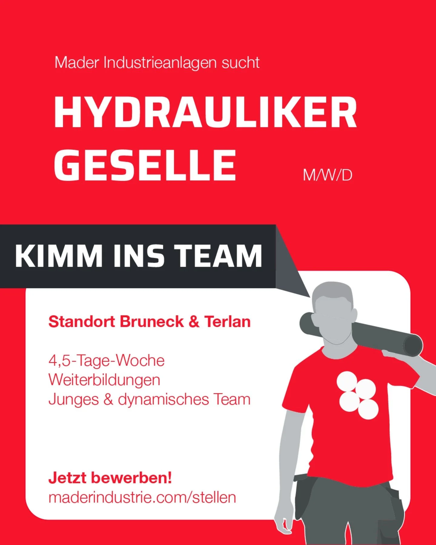 Hydraulikergeselle gesucht. 🔧
Du m&ouml;chtest nicht nur Rohre verlegen, sondern an gro&szlig;en Industrieanlagen mitarbeiten? Hydraulische Systeme montieren und Projekte auf der Baustelle gemeinsam im Team erfolgreich umsetzen? Dann komm ins Team M